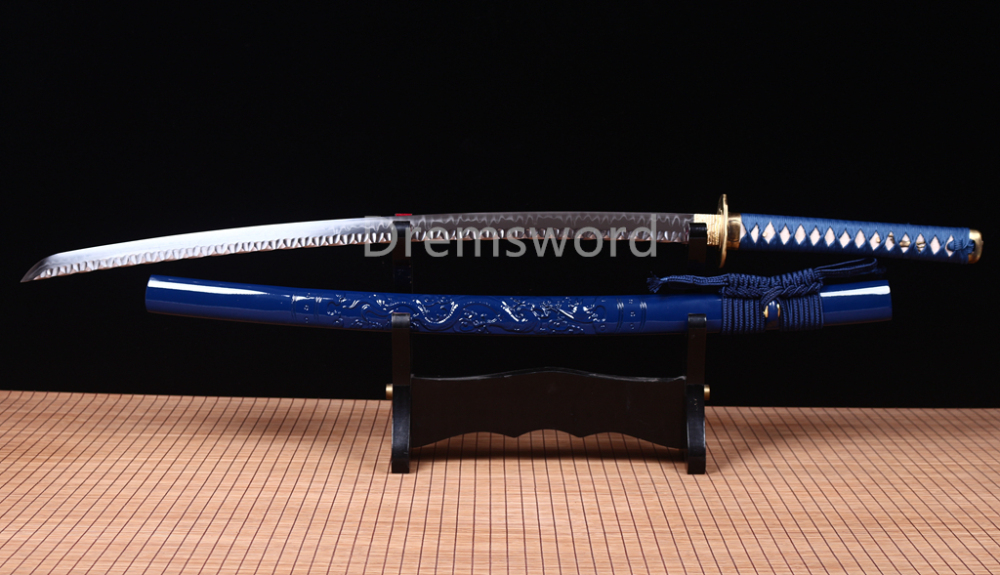 T10 Clay Tempered Katana Japanese Samurai Sharp Sword Hammering Pattern Blue Shinogi Zukuri Full Tang Blue