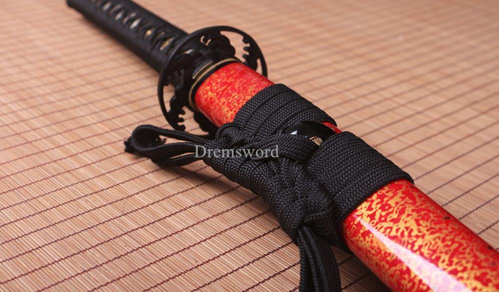 T10 Steel Clay Tempered Choji Hamon Japanese Katana Sword Battle Ready Sharp New SHINOGI-ZUKURI Full Tang Red And Gold