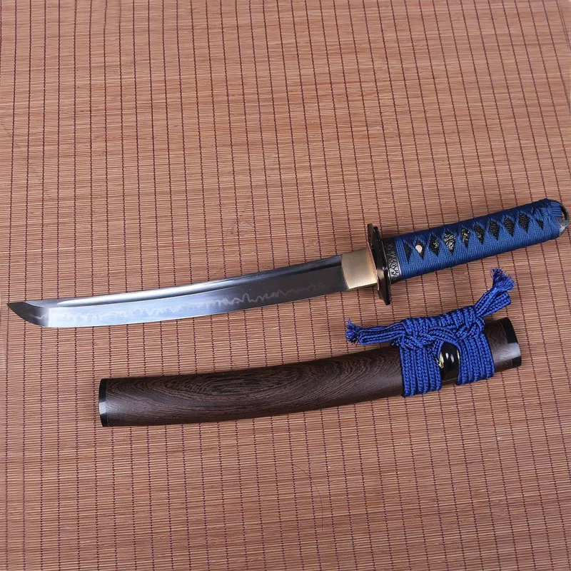 T10 Steel Clay Tempered Tanto Japanese Samurai Sword Choji Hamon Rosewood Saya SHINOGI-ZUKURI Full Tang Blue And Brown