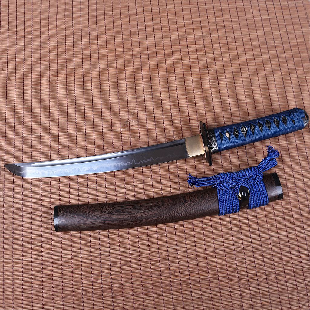 T10 Steel Clay Tempered Tanto Japanese Samurai Sword Choji Hamon Rosewood Saya SHINOGI-ZUKURI Full Tang Blue And Brown