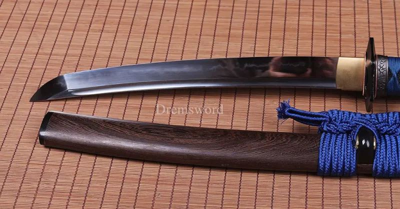 T10 Steel Clay Tempered Tanto Japanese Samurai Sword Choji Hamon Rosewood Saya SHINOGI-ZUKURI Full Tang Blue And Brown