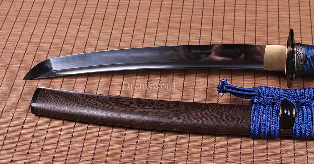 T10 Steel Clay Tempered Tanto Japanese Samurai Sword Choji Hamon Rosewood Saya SHINOGI-ZUKURI Full Tang Blue And Brown