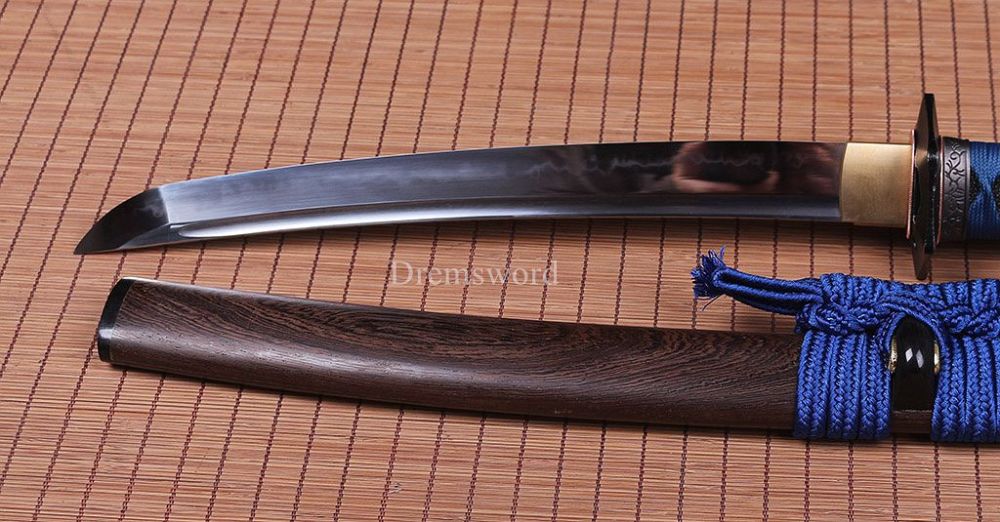 T10 Steel Clay Tempered Tanto Japanese Samurai Sword Choji Hamon Rosewood Saya SHINOGI-ZUKURI Full Tang Blue And Brown