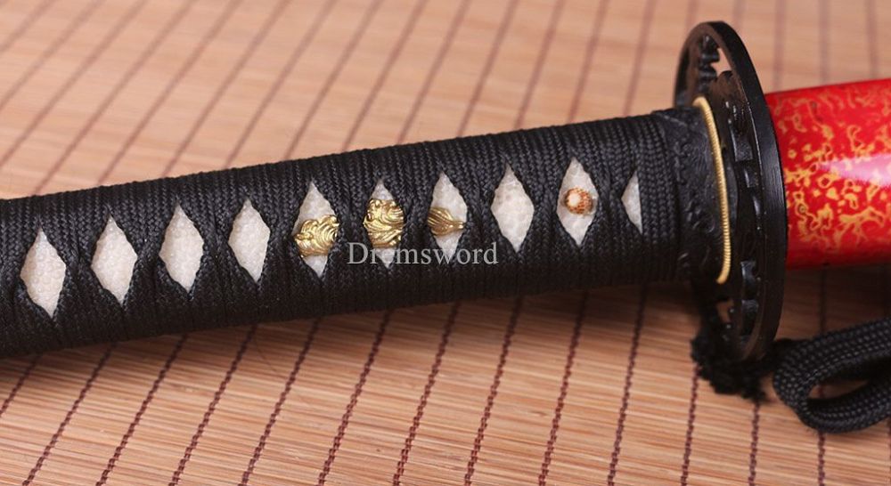 T10 Steel Clay Tempered Choji Hamon Japanese Katana Sword Battle Ready Sharp New SHINOGI-ZUKURI Full Tang Red And Gold