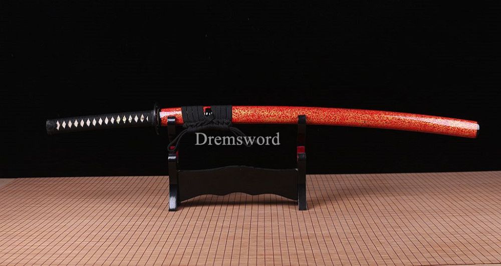 T10 Steel Clay Tempered Choji Hamon Japanese Katana Sword Battle Ready Sharp New SHINOGI-ZUKURI Full Tang Red And Gold
