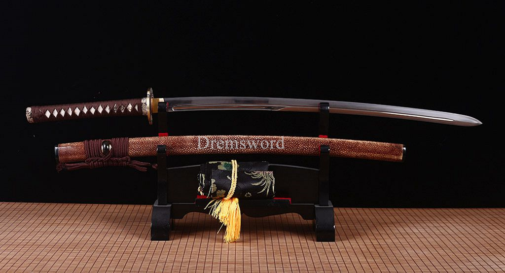 T10 Steel Clay Tempered Katana Japanese Samurai Real Sword Kogarasu-maru Zukuri Full Tang Brown