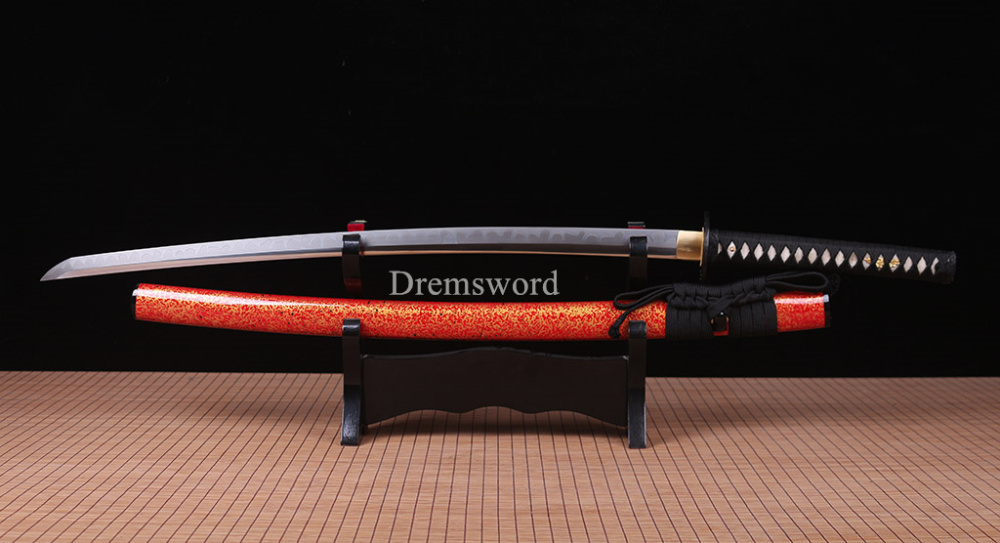 T10 Steel Clay Tempered Choji Hamon Japanese Katana Sword Battle Ready Sharp New SHINOGI-ZUKURI Full Tang Red And Gold