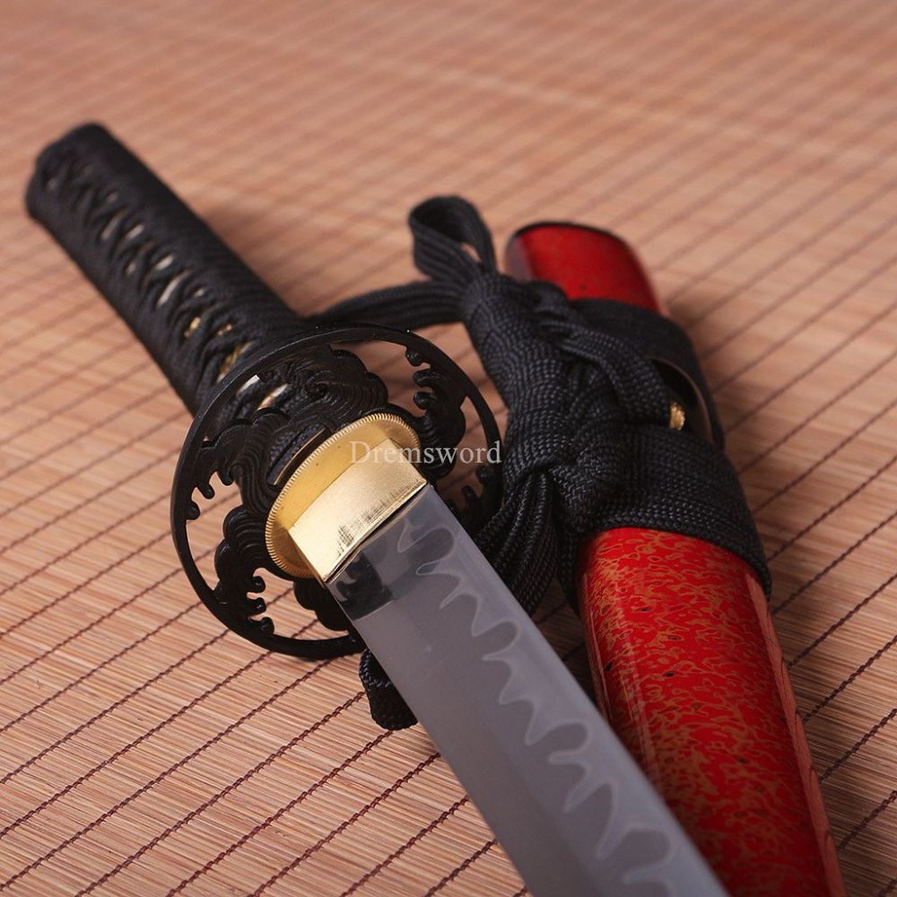 T10 Steel Clay Tempered Choji Hamon Japanese Katana Sword Battle Ready Sharp New SHINOGI-ZUKURI Full Tang Red And Gold
