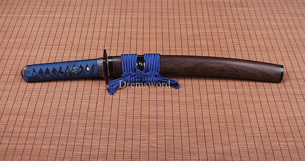 T10 Steel Clay Tempered Tanto Japanese Samurai Sword Choji Hamon Rosewood Saya SHINOGI-ZUKURI Full Tang Blue And Brown