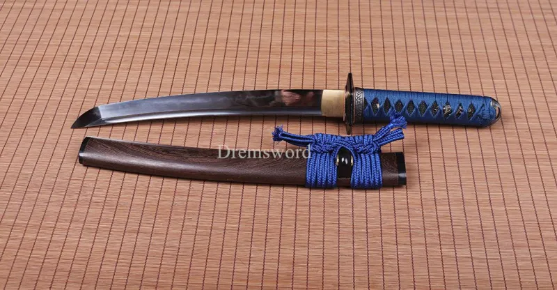 T10 Steel Clay Tempered Tanto Japanese Samurai Sword Choji Hamon Rosewood Saya SHINOGI-ZUKURI Full Tang Blue And Brown