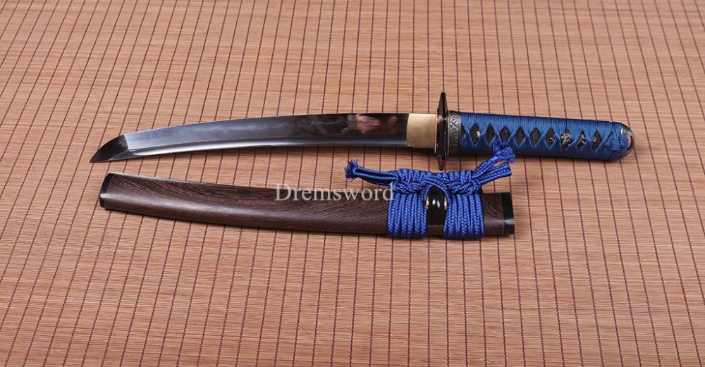 T10 Steel Clay Tempered Tanto Japanese Samurai Sword Choji Hamon Rosewood Saya SHINOGI-ZUKURI Full Tang Blue And Brown