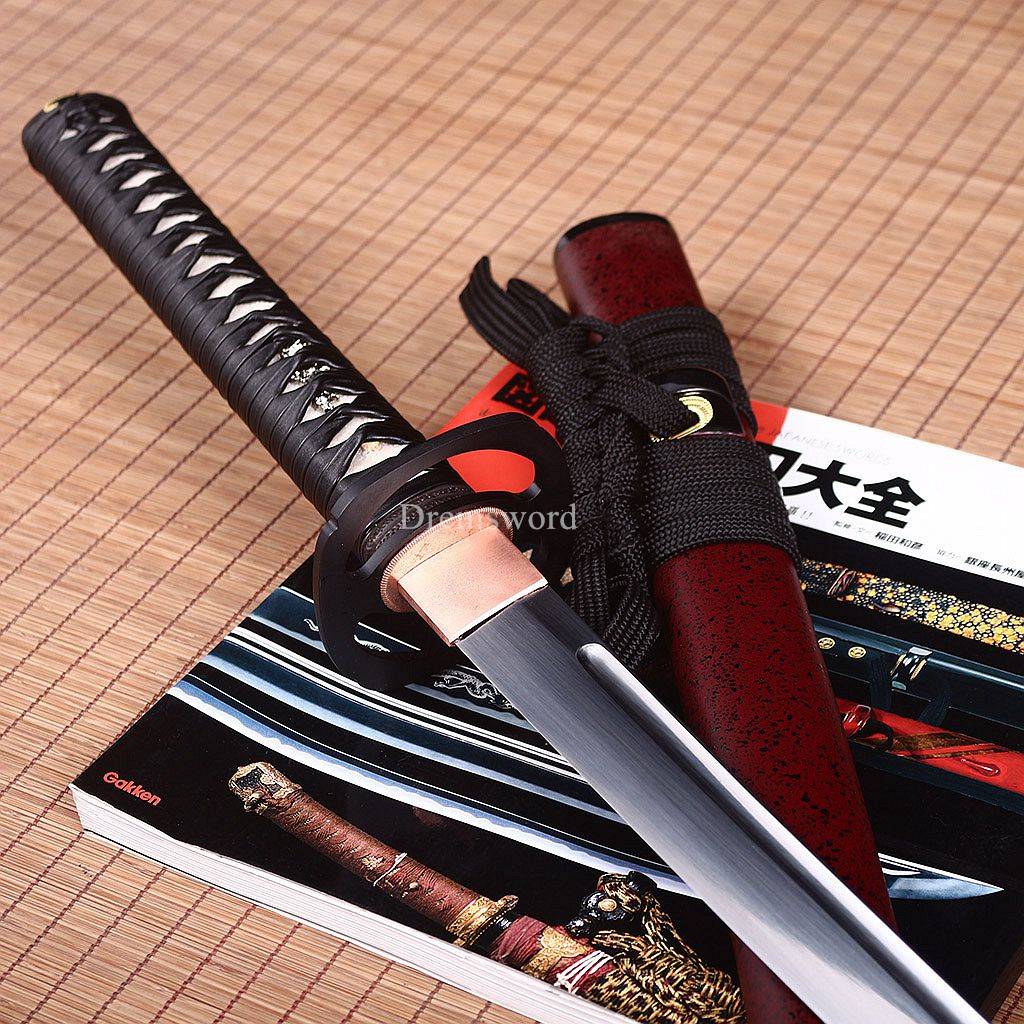 Handmade L6 Steel Katana Japanese Samurai Sword Triangle Blood Groove Sharp Red Shinogi-Zukuri Red And Black