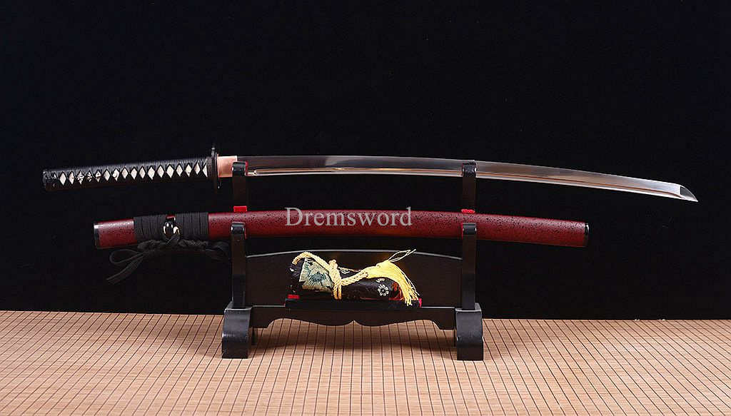Handmade L6 Steel Katana Japanese Samurai Sword Triangle Blood Groove Sharp Red Shinogi-Zukuri Red And Black