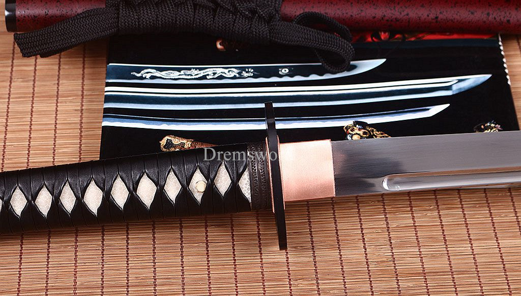 Handmade L6 Steel Katana Japanese Samurai Sword Triangle Blood Groove Sharp Red Shinogi-Zukuri Red And Black