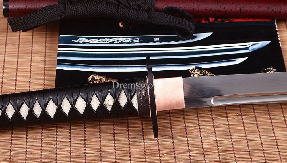 Handmade L6 Steel Katana Japanese Samurai Sword Triangle Blood Groove Sharp Red Shinogi-Zukuri Red And Black