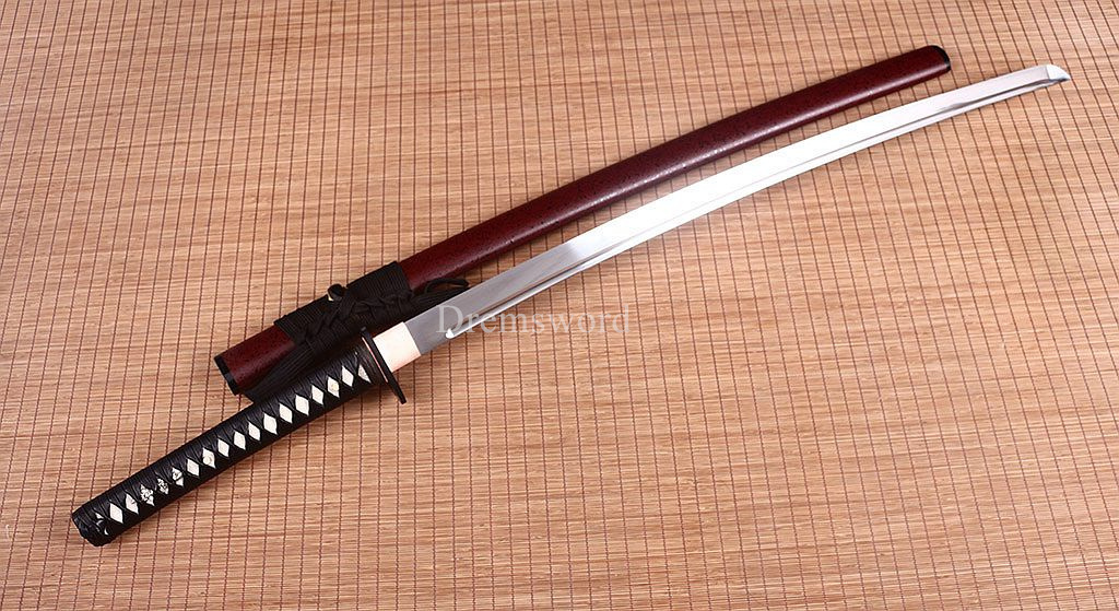 Handmade L6 Steel Katana Japanese Samurai Sword Triangle Blood Groove Sharp Red Shinogi-Zukuri Red And Black