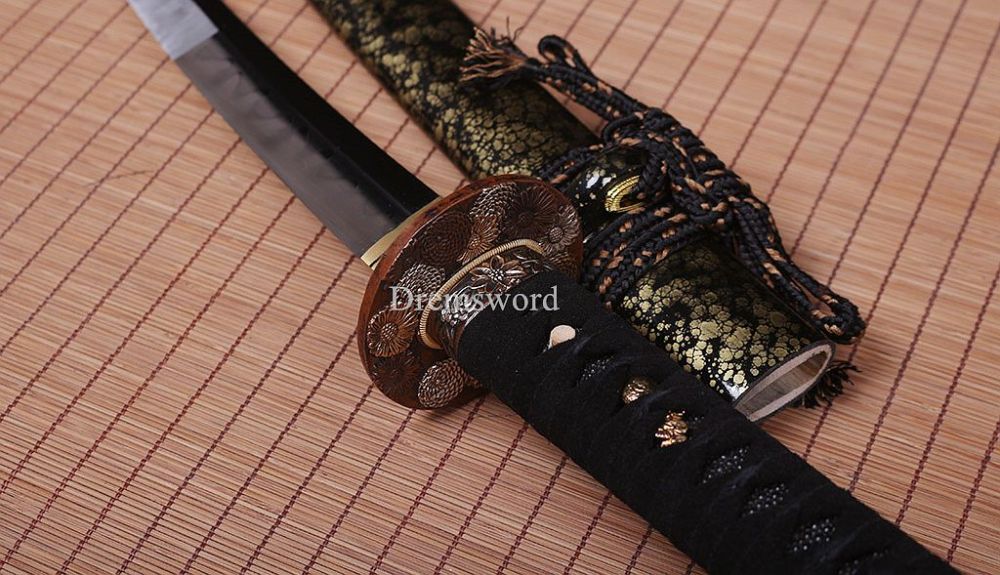 T10 Steel Clay Tempered Tanto Self-defence Japanese Samurai Sword Choji Hamon Osoraku-Zukuri Full Tang Black And Gold