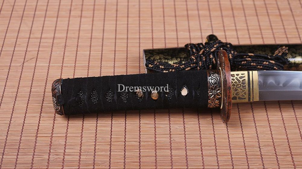 T10 Steel Clay Tempered Tanto Self-defence Japanese Samurai Sword Choji Hamon Osoraku-Zukuri Full Tang Black And Gold