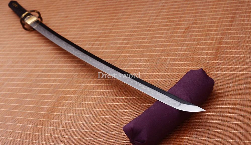L6 Steel Clay tempered Hadori-polishing Steel Wakizashi Japanese Samurai Sword SHINOGI-ZUKURI Black