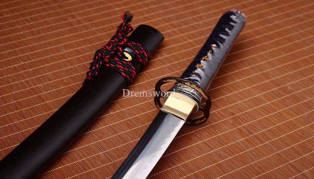 L6 Steel Clay tempered Hadori-polishing Steel Wakizashi Japanese Samurai Sword SHINOGI-ZUKURI Black
