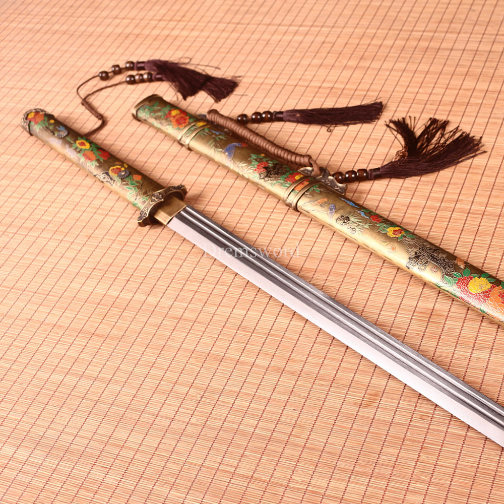 Handmade Damascus Folded Steel Tang Dao Traditional Chinese Sword Battle Ready Kiriha Zukuri Real Sharp Sword Brown And Yellow