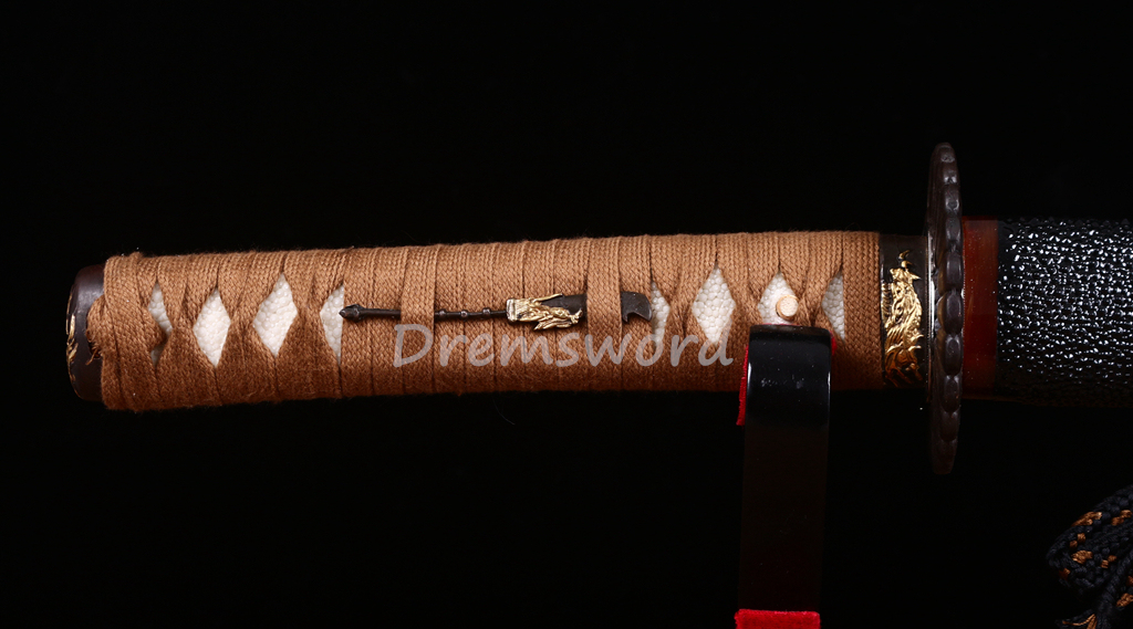 KOGARASU-MARU Folded Steel Clay Tempered Wakizashi Japanese Samurai Sword Sharp Sword Moroha Kissaki Shinogi-Zukuri Black And Orange