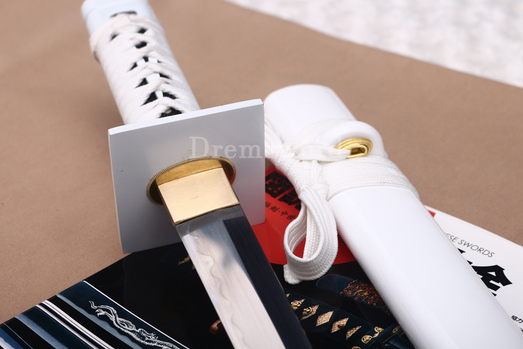 18.9 inch Handmade T10 Steel Clay Tempered black and white Ninjato Japanese Ninja Tanto Short Sword full tang battle ready sharp Real Hamon KAMASU-KISSAKI(straight）kiriha-ZUKURI