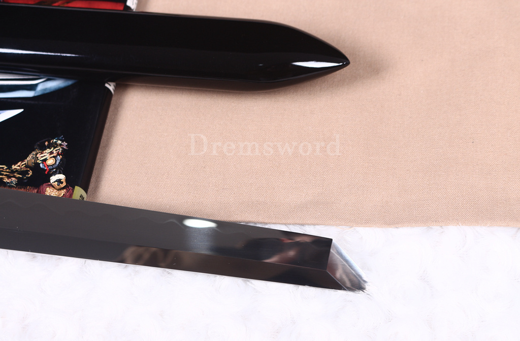18.9 inch Handmade T10 Steel Clay Tempered black and white Ninjato Japanese Ninja Tanto Short Sword full tang battle ready sharp Real Hamon KAMASU-KISSAKI(straight）kiriha-ZUKURI