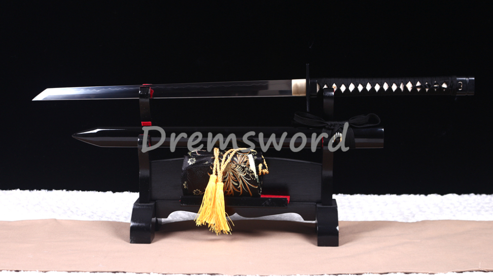 Handmade Clay tempered T10 Steel Japanese Samurai black and white ninjato Sword full tang ninja sword battle ready sharp KAMASU-KISSAKI(straight）kiriha-ZUKURI Real Hamon.