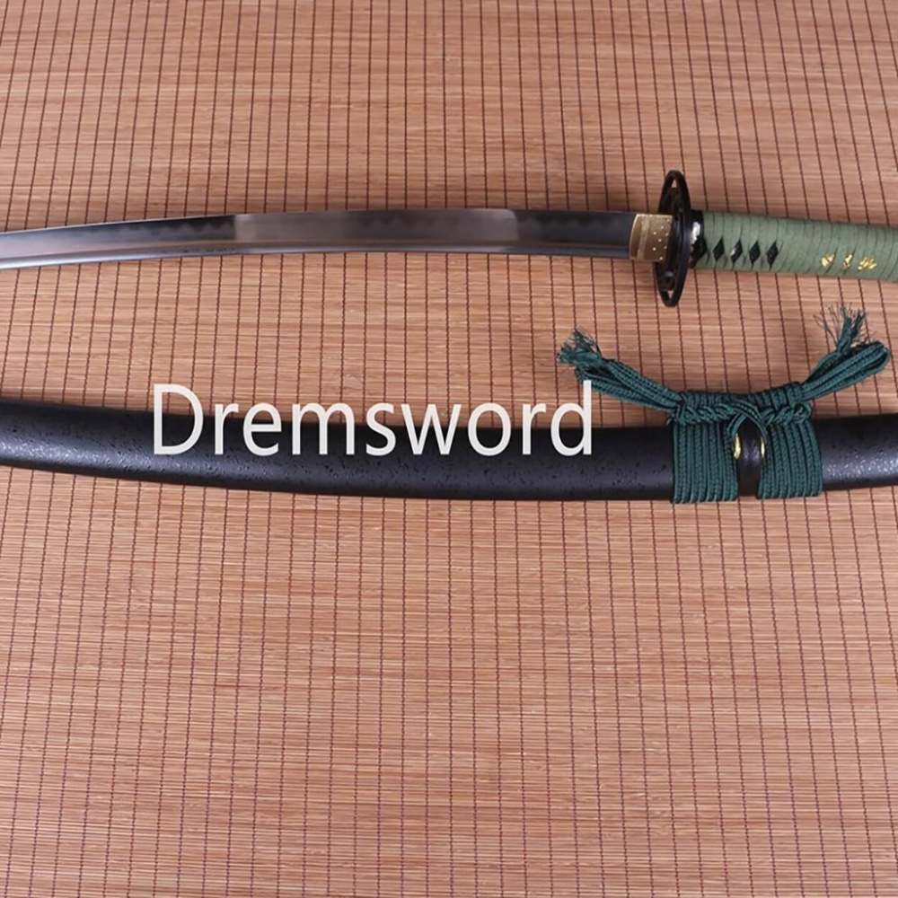Folded Steel Clay Tempered Samurai Katana japanese sword real hamon black with green Shinogi Zukuri full tang.