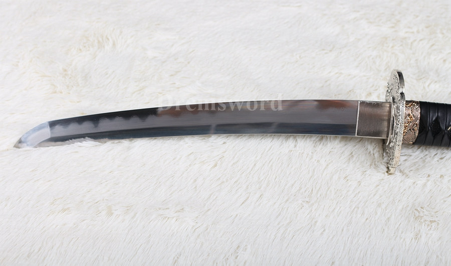 Hand forged clay tempered Folded Steel Hazuya Polish Japanese Samurai tanto Sword blossom engraved Razor Shinogi-Zukuri Black