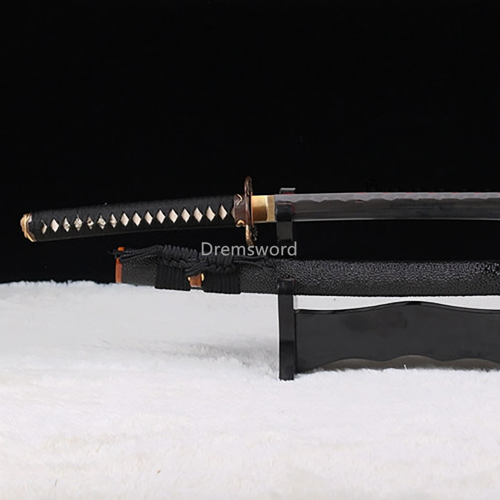 Hand forged Folded steel Clay tempered katana Hazuya Polish japanese samurai sword Feather-shaped pattern texture full tang Shinogi-Zukuri black