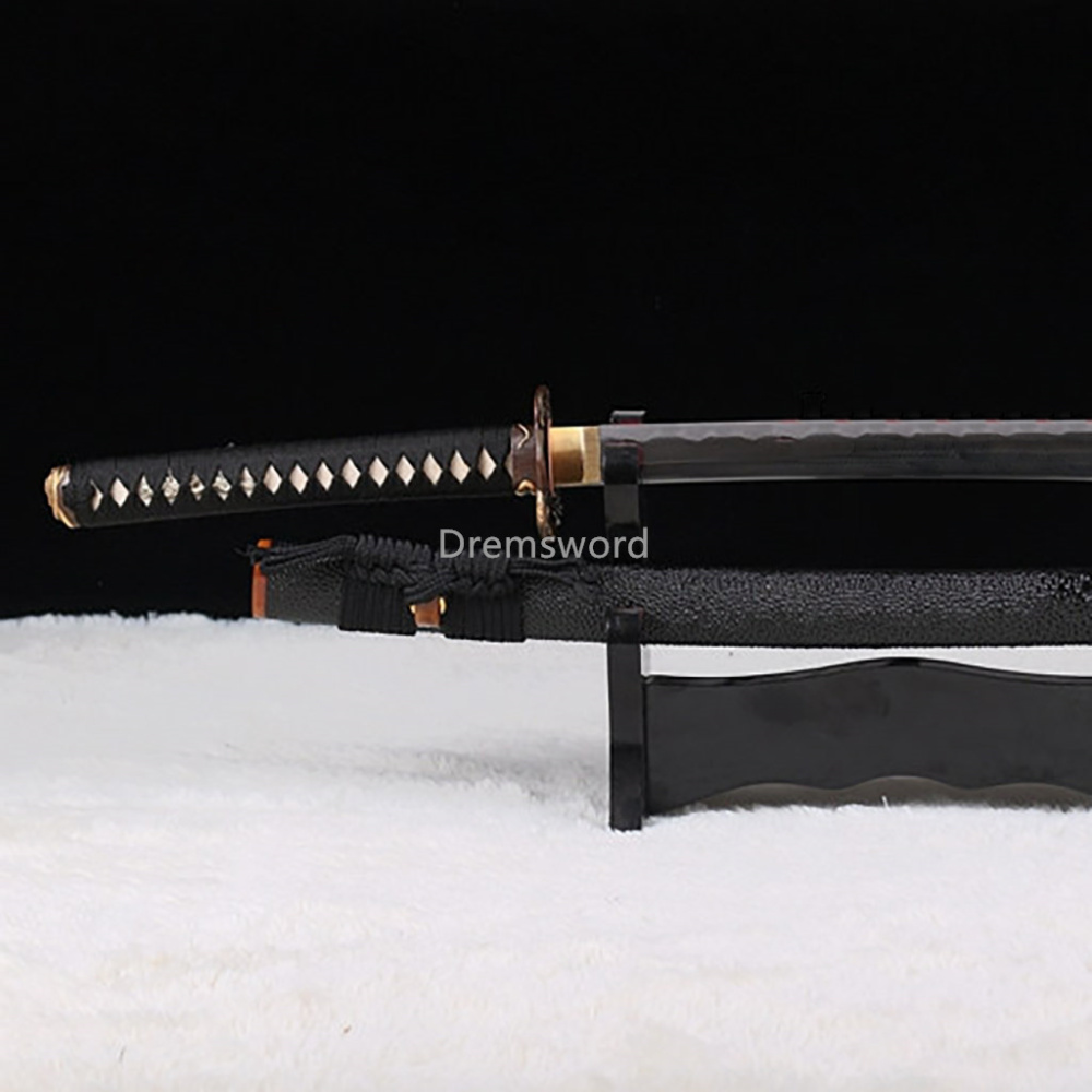 Hand forged Folded steel Clay tempered katana Hazuya Polish japanese samurai sword Feather-shaped pattern texture full tang Shinogi-Zukuri black