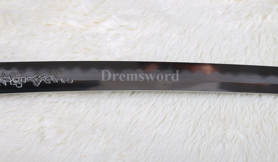 Hand forged clay tempered Folded Steel Hazuya Polish Japanese Samurai wakizashi Sword blossom engraved Razor Sharp SHINOGI-ZUKURI Black