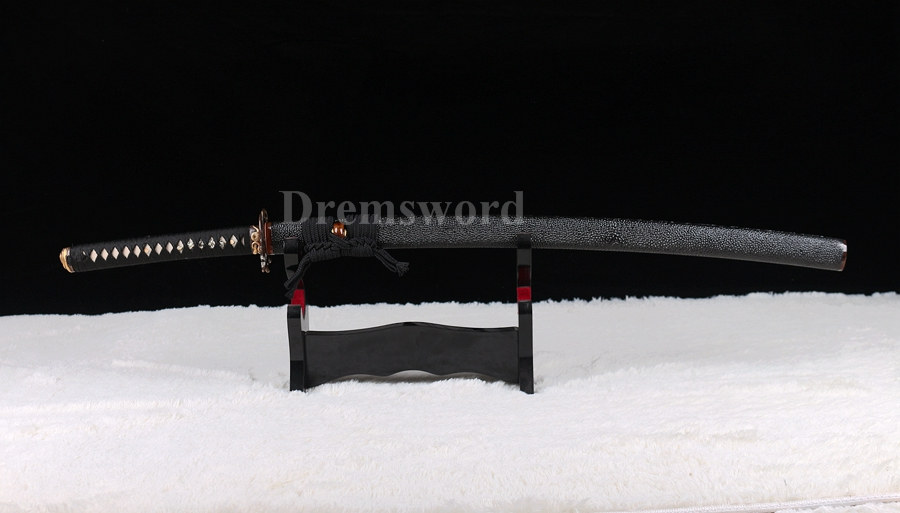 Hand forged Folded steel Clay tempered katana Hazuya Polish japanese samurai sword Feather-shaped pattern texture full tang Shinogi-Zukuri black