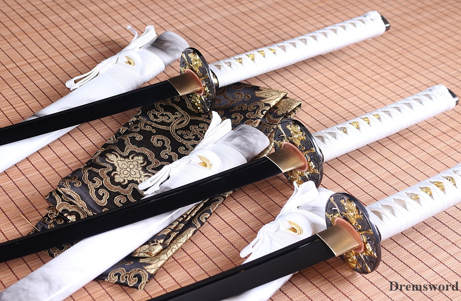 handmade Japanese Samurai Sword katana+wakizashi+tanto Daisho Black Blade Folded Steel full tang sharp Shinogi-Zukuri White
