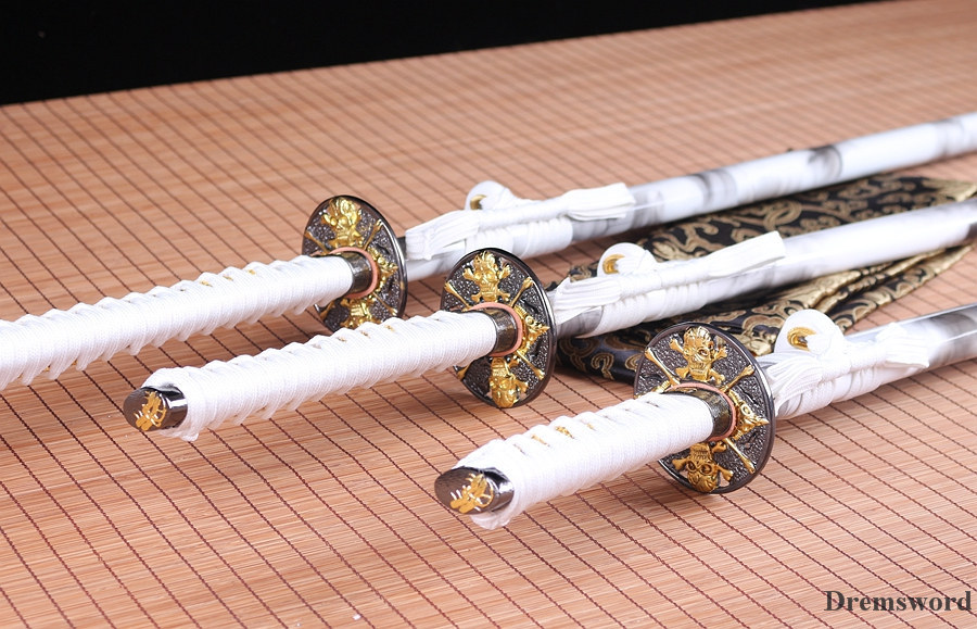 handmade Japanese Samurai Sword katana+wakizashi+tanto Daisho Black Blade Folded Steel full tang sharp Shinogi-Zukuri White