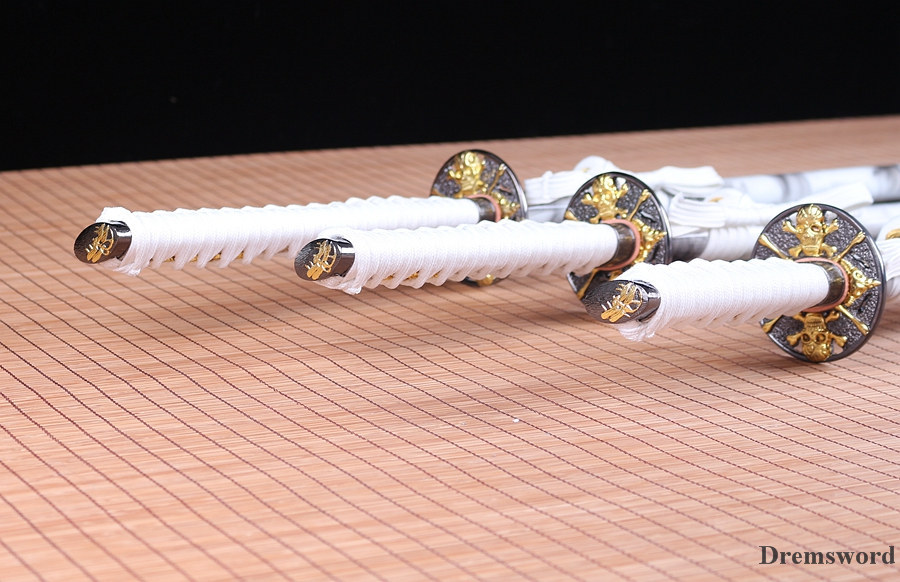 handmade Japanese Samurai Sword katana+wakizashi+tanto Daisho Black Blade Folded Steel full tang sharp Shinogi-Zukuri White