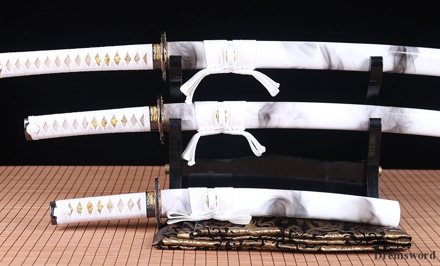 handmade Japanese Samurai Sword katana+wakizashi+tanto Daisho Black Blade Folded Steel full tang sharp Shinogi-Zukuri White