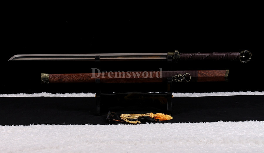Damascus folded steel Fully Hand made rosewood chinese 环首刀 sword battle ready Kiriha-Zukuri Coffee