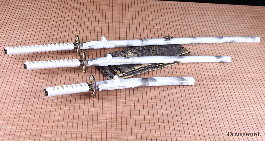 handmade Japanese Samurai Sword katana+wakizashi+tanto Daisho Black Blade Folded Steel full tang sharp Shinogi-Zukuri White