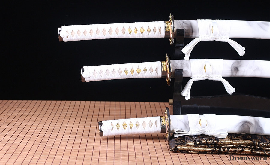 handmade Japanese Samurai Sword katana+wakizashi+tanto Daisho Black Blade Folded Steel full tang sharp Shinogi-Zukuri White