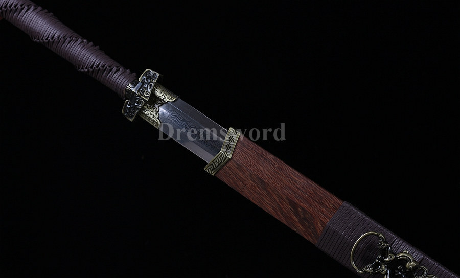 Damascus folded steel Fully Hand made rosewood chinese 环首刀 sword battle ready Kiriha-Zukuri Coffee