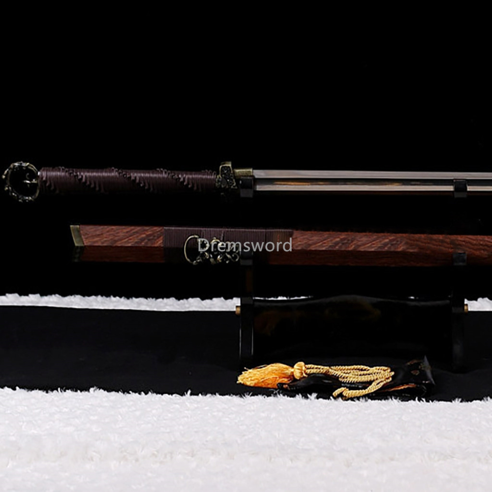 Damascus folded steel Fully Hand made rosewood chinese 环首刀 sword battle ready Kiriha-Zukuri Coffee