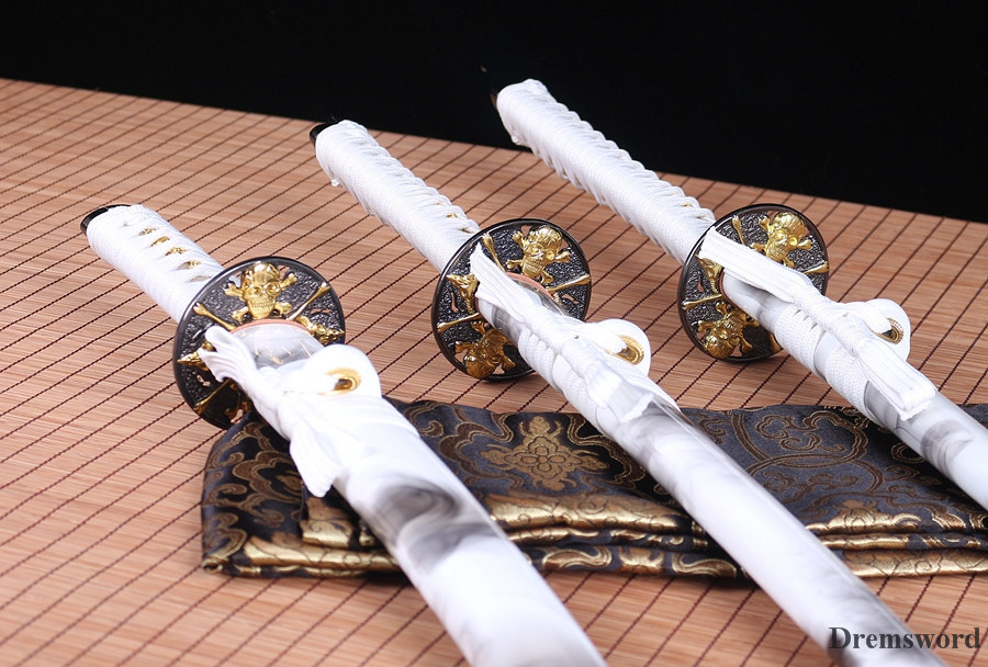 handmade Japanese Samurai Sword katana+wakizashi+tanto Daisho Black Blade Folded Steel full tang sharp Shinogi-Zukuri White