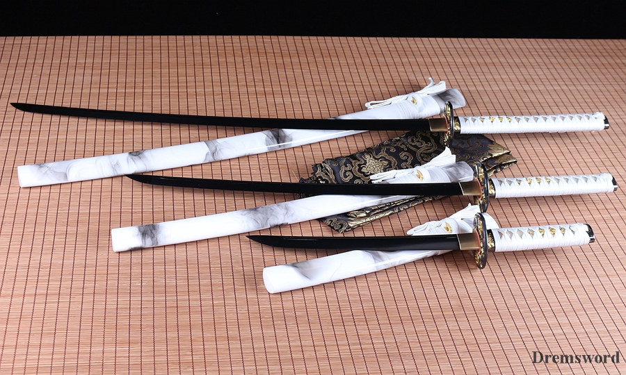 handmade Japanese Samurai Sword katana+wakizashi+tanto Daisho Black Blade Folded Steel full tang sharp Shinogi-Zukuri White