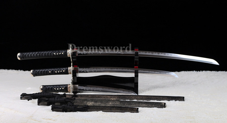 Japanese Samurai Sword Daisho Set Katana+Wakizashi+Tanto clay tempered Folded Steel Hazuya Polish blossom engraved Razor Sharp Shinogi-Zukuri Black