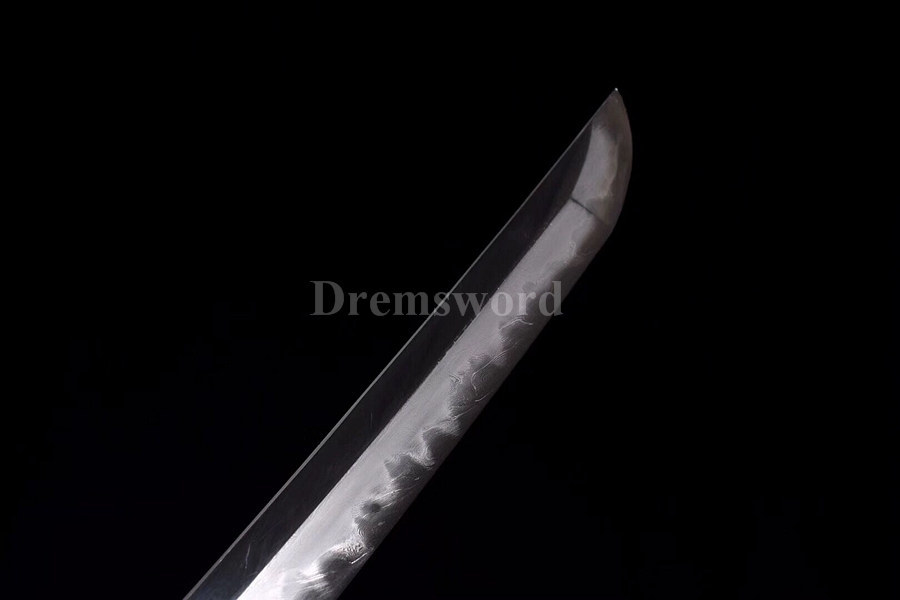 Japanese Tachi Battle Ready samurai Sword Folded Steel Clay Tempered Shinogi-Zukuri Blade Razor Sharp feather shaped texture black