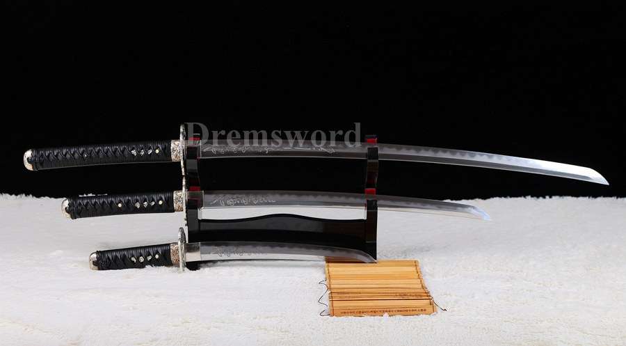 Japanese Samurai Sword Daisho Set Katana+Wakizashi+Tanto clay tempered Folded Steel Hazuya Polish blossom engraved Razor Sharp Shinogi-Zukuri Black