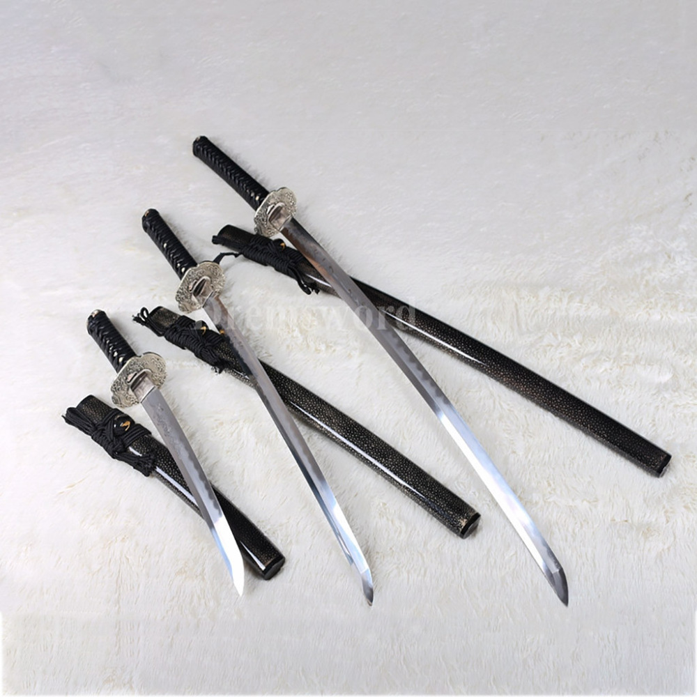 Japanese Samurai Sword Daisho Set Katana+Wakizashi+Tanto clay tempered Folded Steel Hazuya Polish blossom engraved Razor Sharp Shinogi-Zukuri Black